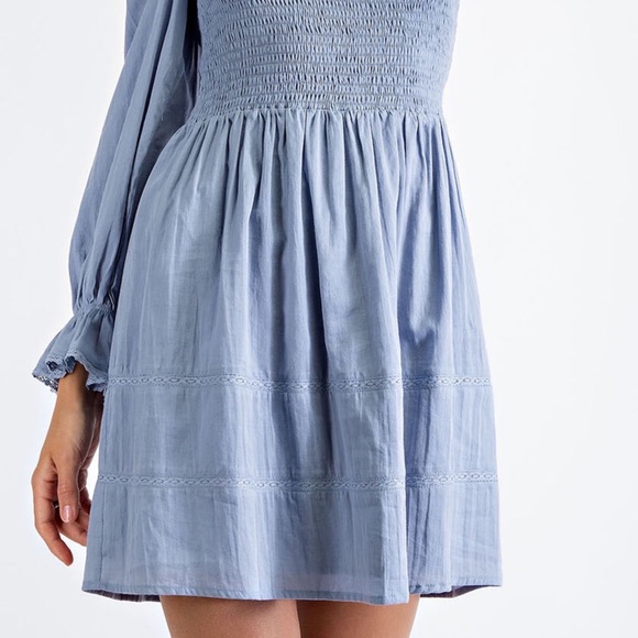 Edit By Nine Adorable Dusty Blue Smocked Bodice Long Puff Sleeves Dress - Picture 6 of 10